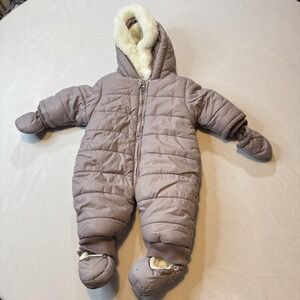 Bout'chou Snowsuit Baby 3 Months Taupe Hooded Fleece Lined Bunting Suit